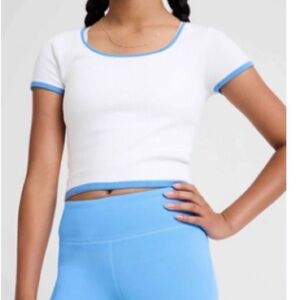 White Crop Tee with Blue Trim